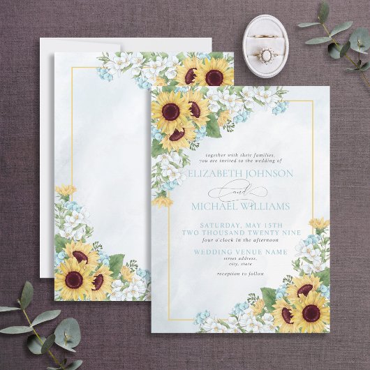 Invitation Mariage de script de fleurs de tournesol bleu fonc