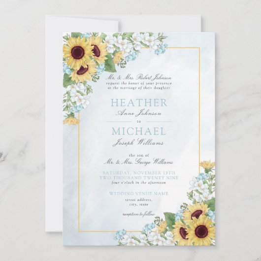 Invitation Mariage de script de fleurs de tournesol bleu fonc (Devant)