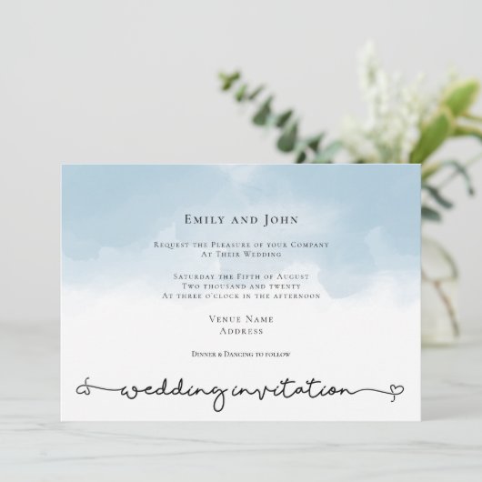 Invitation Mariage de script de lavage de coeur bleu clair (Debout devant)