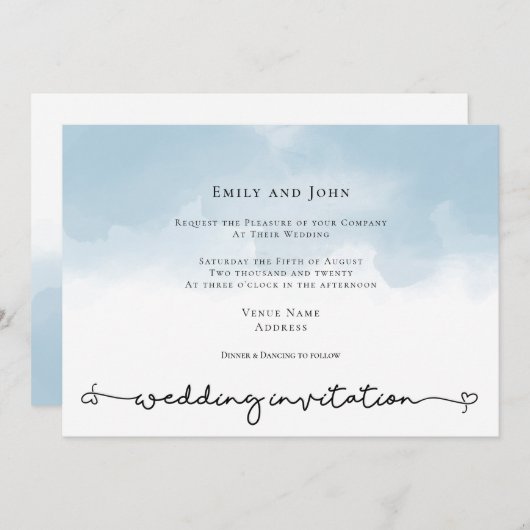 Invitation Mariage de script de lavage de coeur bleu clair (Devant / Derrière)