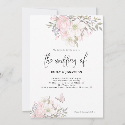 Invitation Mariage de script de papillon rose blanc Magnolia (Devant)