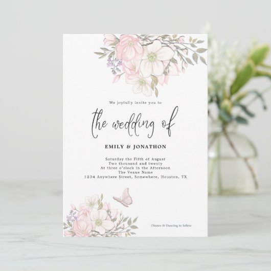 Invitation Mariage de script de papillon rose blanc Magnolia (Debout devant)