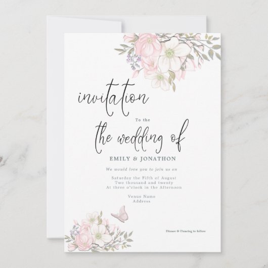 Invitation Mariage de script de papillon rose blanc Magnolias (Devant)