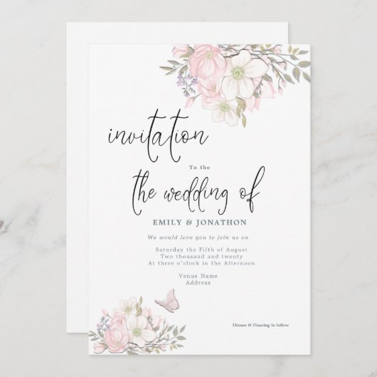 Invitation Mariage de script de papillon rose blanc Magnolias (Devant / Derrière)