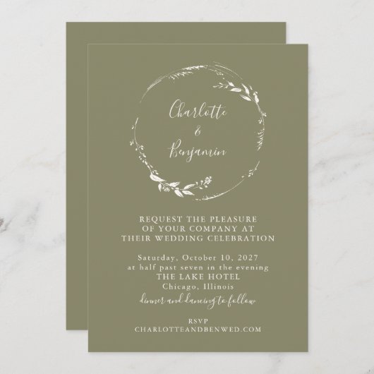 Invitation Mariage de script de serrure de fleurs d'olive pou (Devant / Derrière)