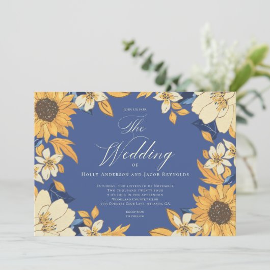 Invitation Mariage de script de tournesol d'aquarelle bleue (Debout devant)