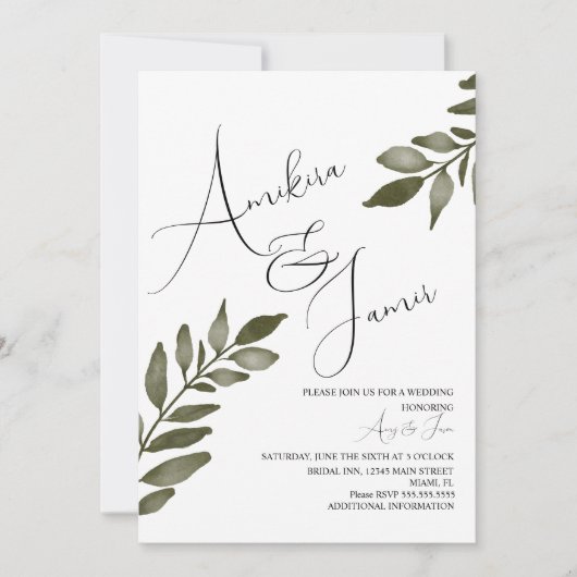 Invitation Mariage de script de verdure de la branche feuille (Devant)