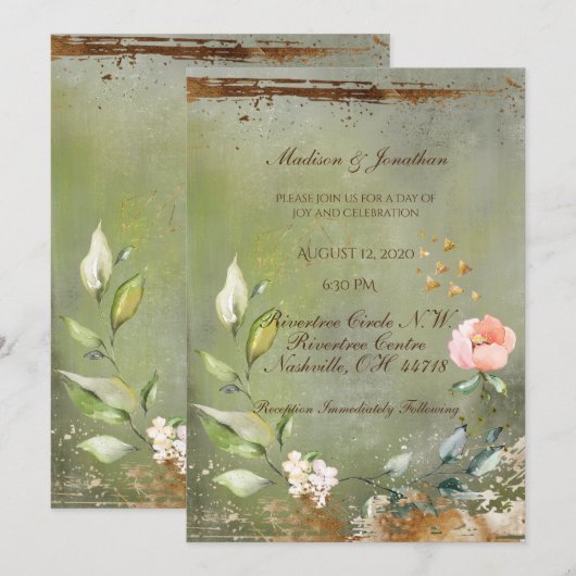 Invitation Mariage de script d'or floral vert rustique (Devant / Derrière)