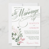 Invitation Mariage de script élégant à la florale rose et gri (Devant)