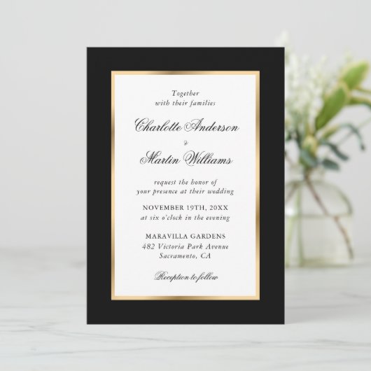 Invitation Mariage de script élégant Black Gold Frame (Debout devant)