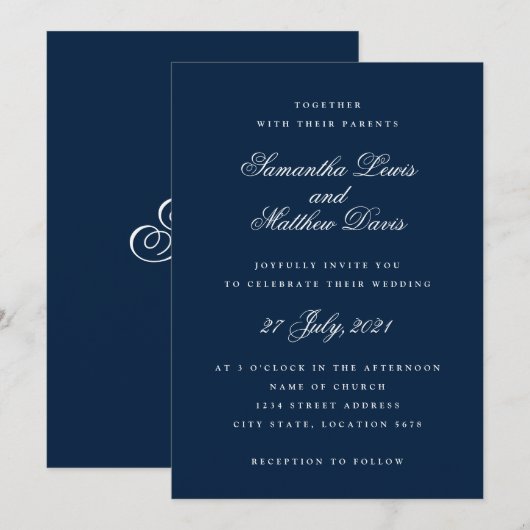 Invitation Mariage de script élégant de la Marine Bleue Class (Devant / Derrière)