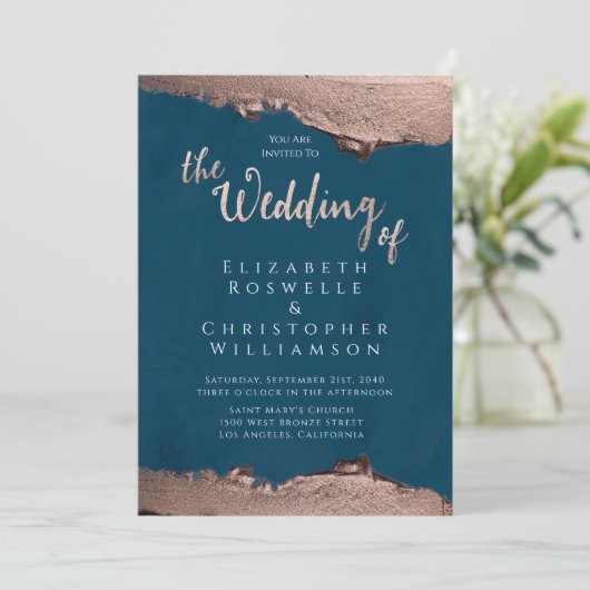 Invitation Mariage de script élégant en bronze bleu (Debout devant)