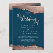 Invitation Mariage de script élégant en bronze bleu (Devant / Derrière)