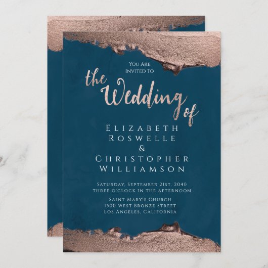 Invitation Mariage de script élégant en bronze bleu (Devant / Derrière)
