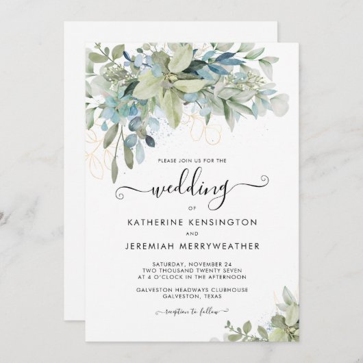 Invitation Mariage de script élégant Eucalyptus (Devant / Derrière)