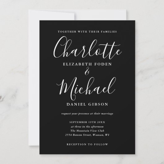 Invitation Mariage de script élégant noir et blanc (Devant)