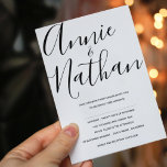 Invitation Mariage de script élégant noir et blanc<br><div class="desc">Faire-part de mariage de script élégant noir et blanc. Envoyez à vos amis et à votre famille ce Faire-part de mariage de script noir et blanc élégant. simple et élégant mariage chic invite. Le dos de la carte est noir. Customisez-le en modifiant les noms de la mariée et du marié...</div>