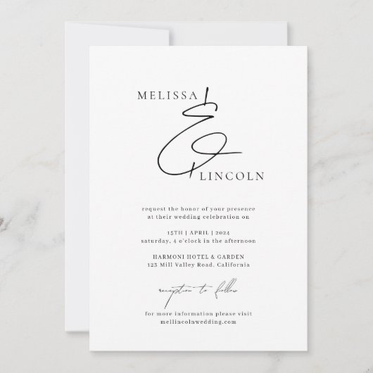 Invitation Mariage de script élégant noir et blanc classique (Devant)