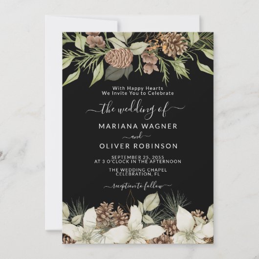 Invitation Mariage de script élégant noir et blanc hiver (Devant)