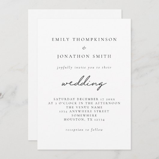 Invitation Mariage de script élégant noir simple (Devant / Derrière)
