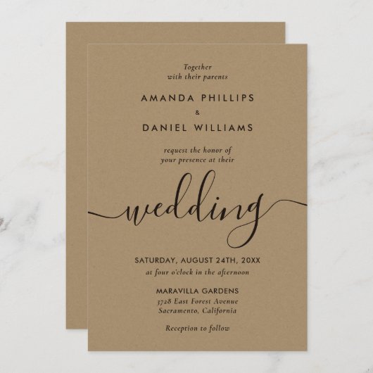 Invitation Mariage de script élégant papier Kraft (Devant / Derrière)