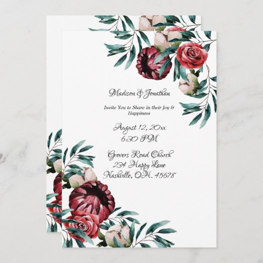 Invitation Mariage de script élégant Red Roses Watercolor (Devant / Derrière)