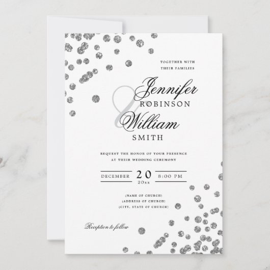 Invitation Mariage de script élégant Silver Confetti QR RSVP (Devant)