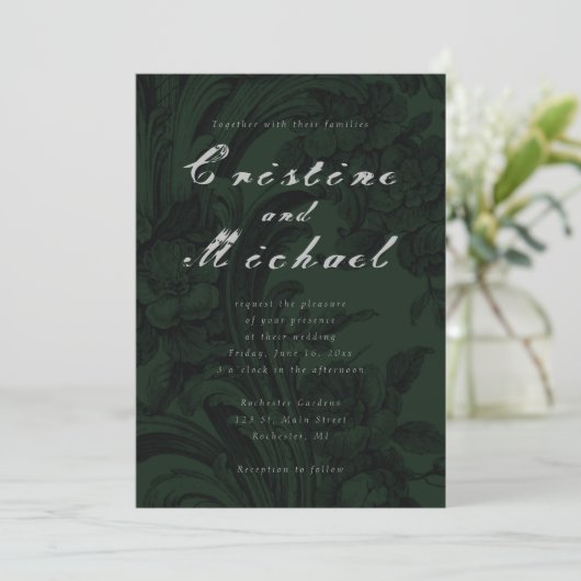 Invitation Mariage de script élégant, vert foncé (Debout devant)