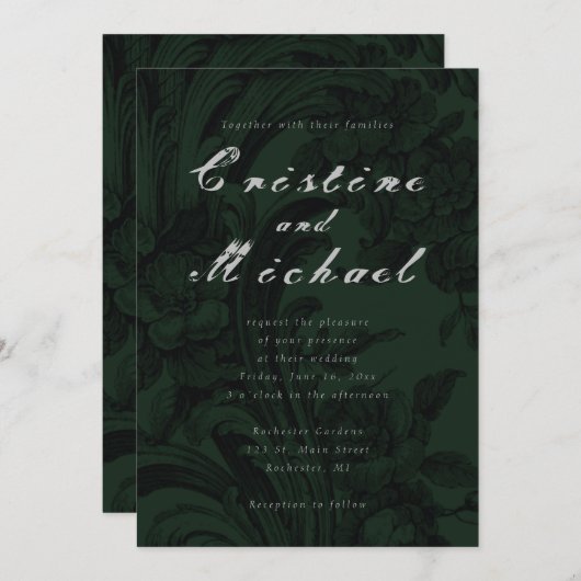 Invitation Mariage de script élégant, vert foncé (Devant / Derrière)
