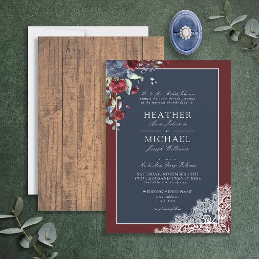 Invitation Mariage de script en bois bleu de la marine tradit