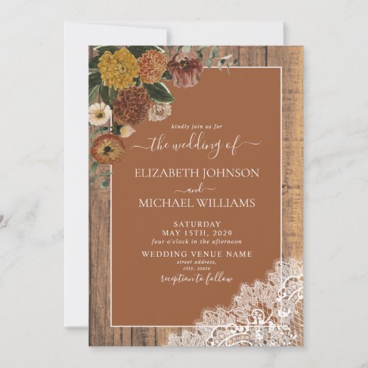 Invitation Mariage de script en bois rustique Burnt Orange (Devant)