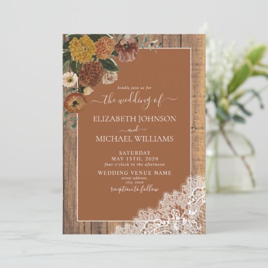 Invitation Mariage de script en bois rustique Burnt Orange (Debout devant)