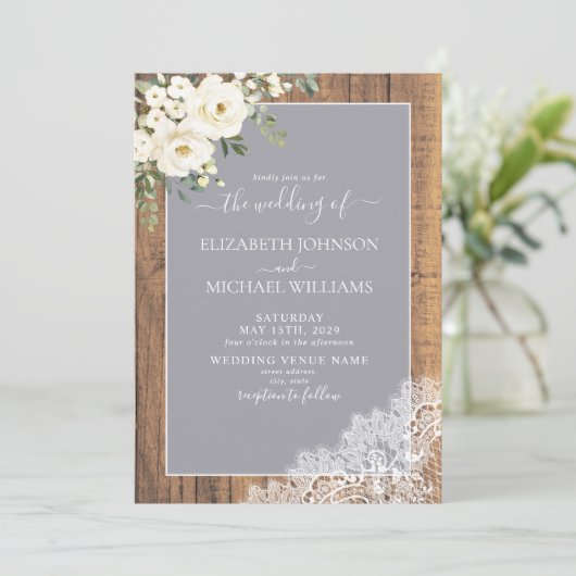 Invitation Mariage de script en bois rustique gris élégant te (Debout devant)