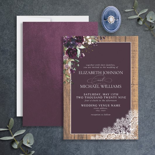Invitation Mariage de script en bois rustique violet à prune