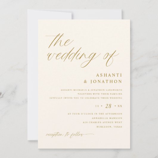 Invitation Mariage de script en or et en ivoire Delicate simp (Devant)