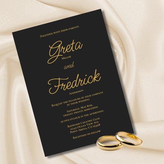 Invitation Mariage de script en or noir noir de charbon intem