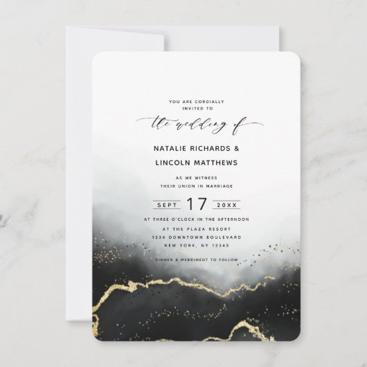 Invitation Mariage de script Ethereal Mist Ombre Black Gold F (Devant)