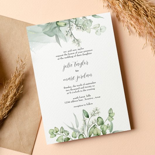 Invitation Mariage de script Feuille Eucalyptus Aquarelle