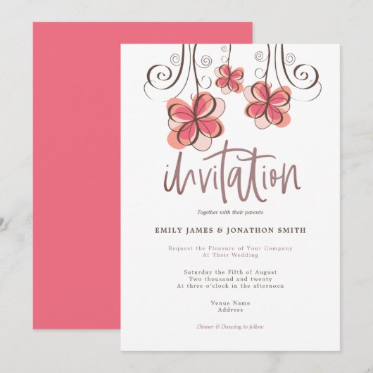 Invitation Mariage de script floral Artsy Pink tendance (Devant / Derrière)