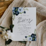 Invitation Mariage de script floral bleu clair et marine<br><div class="desc">aquarelle bleu marine et bleu clair fleurs avec cadre or et texte élégant. Les couleurs et le texte peuvent être personnalisés.</div>