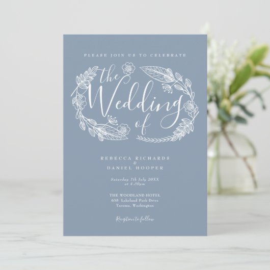 Invitation Mariage de script floral bleu roux à main (Debout devant)