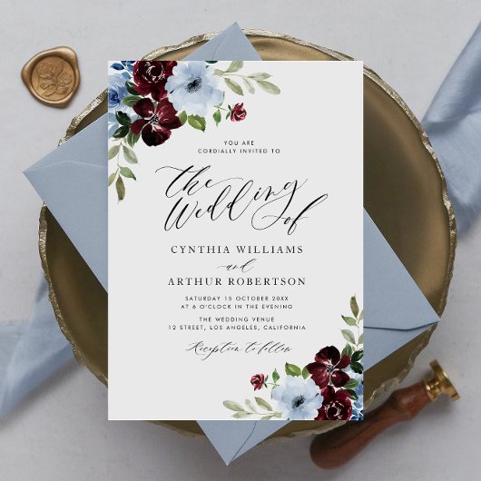 Invitation mariage de script floral bleu roux bordeaux