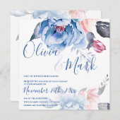 Invitation Mariage de script Floral de Pêche Bleu Aquarelle C (Devant / Derrière)