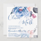 Invitation Mariage de script Floral de Pêche Bleu Aquarelle C (Devant)
