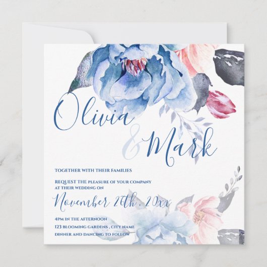 Invitation Mariage de script Floral de Pêche Bleu Aquarelle C (Devant)