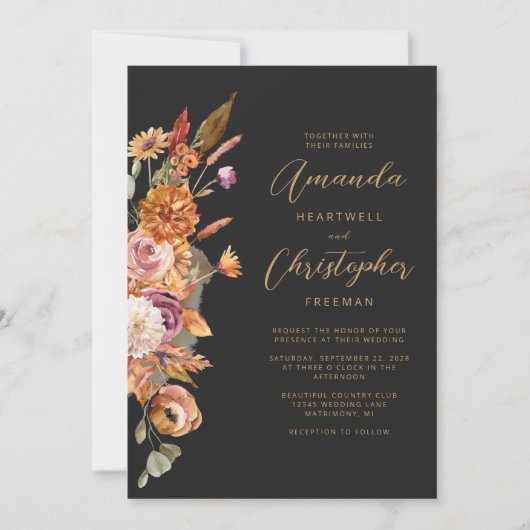 Invitation Mariage de script floral foncé d'automne (Devant)