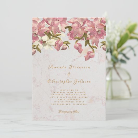 Invitation Mariage de script Floral rose et blanc orchidée (Debout devant)