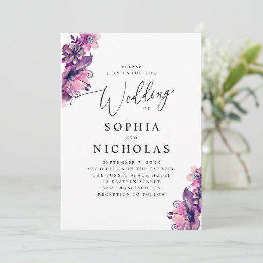 Invitation Mariage de script floral rose-violet (Debout devant)