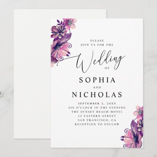 Invitation Mariage de script floral rose-violet (Devant / Derrière)