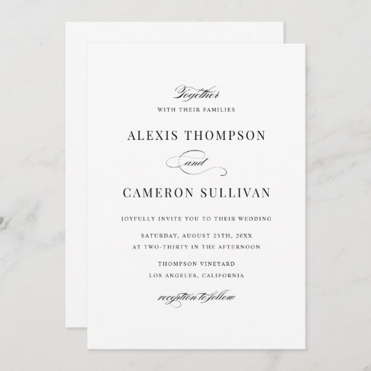 Invitation Mariage de script formel noir et blanc (Devant / Derrière)